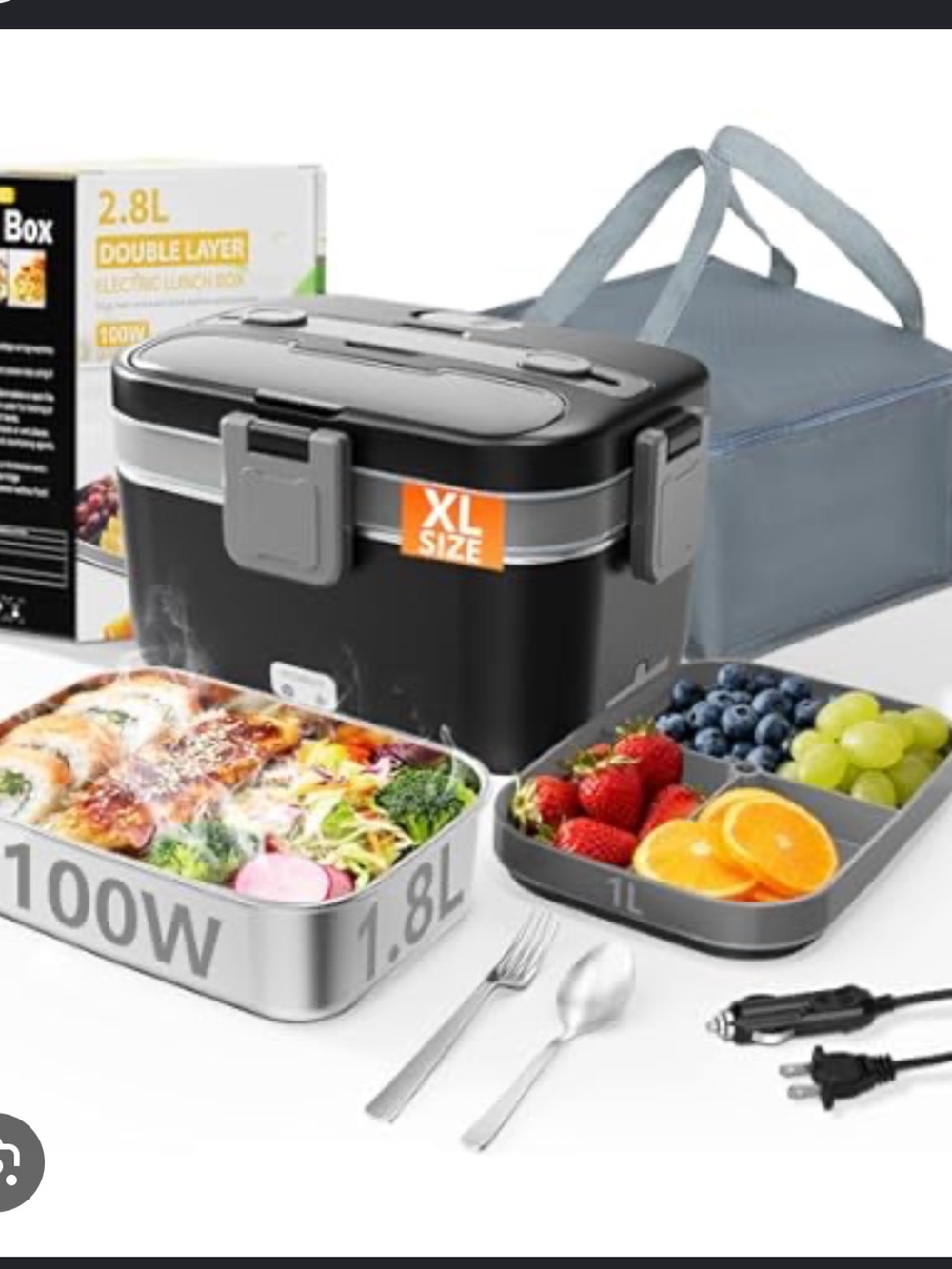 XL Black Electric Lunch Box with Removable Trays